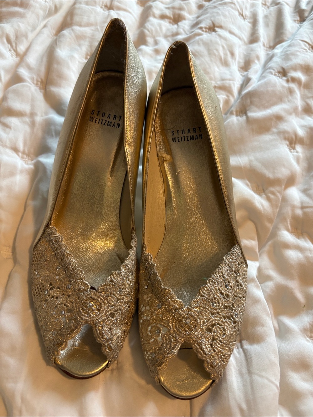 Stuart Weitzman Gold Lace Peep-Toe Heels